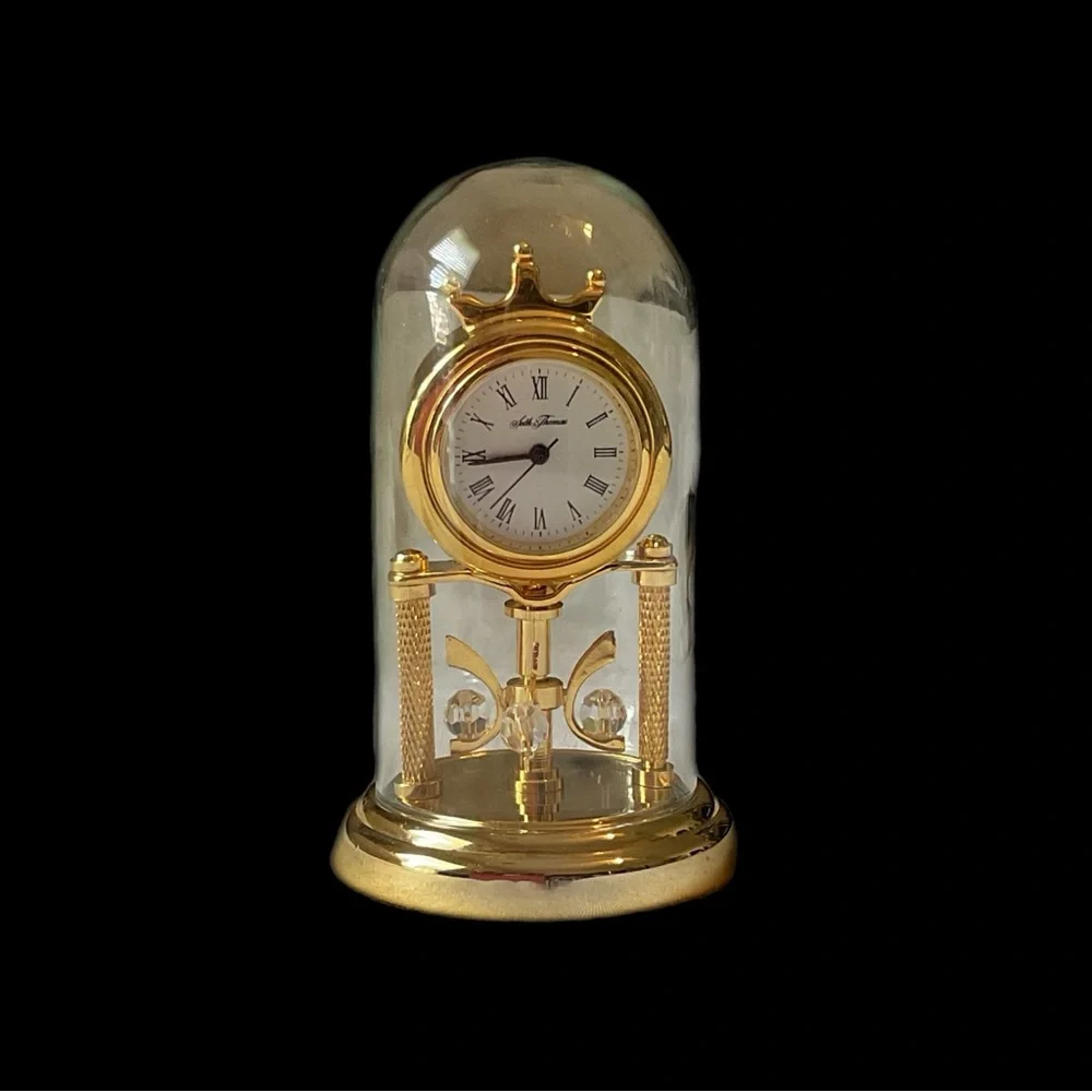 Rare Seth Thomas Miniature Anniversary Clock Gold Tone, Very Clear Glass Dome